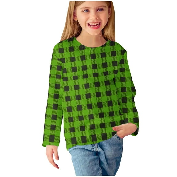 CLOISE Kids T Shirts Long Sleeve Boys Girls Youth Crew Neck Tops Plaid Casual Fashion Fall Winter Clothes Green 11T