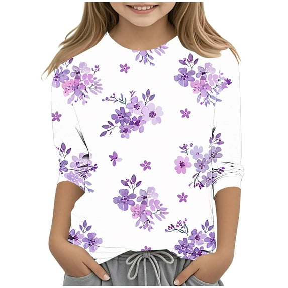 CLOISE Kids White T Shirt 3/4 Sleeve Boys Girls Teen Crew Neck Tops Floral Casual Fashion Fall Winter Clothes Multicolor 150