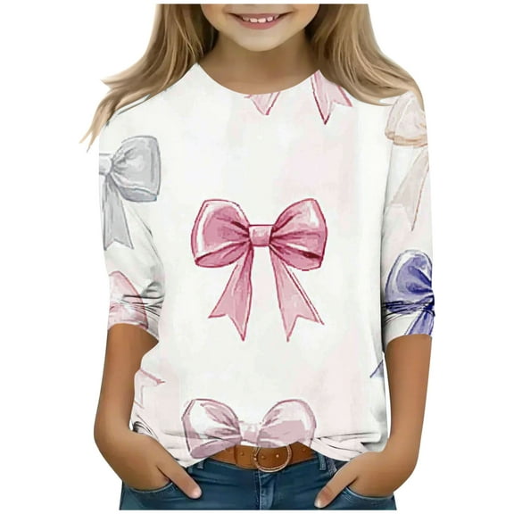 CLOISE Kids White T Shirt 3/4 Sleeve Girl Boys Toddler Crew Neck Tops Bow Print Outfits Fall Winter Clothes Multicolor 3-12T