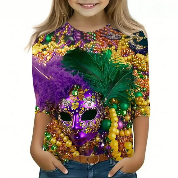 CLOISE Kids White T Shirt 3/4 Sleeve Girl Boys Youth Mardi Gras Crew Neck Tops Print Casual Fashion Fall Winter Clothes Multicolor 110