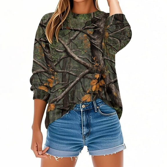 CLOISE Ladies Sweatshirts Long Sleeve Plus Size Lightweight Crew Neck Tops Camouflage Pullover Oversized Outfits Clothes