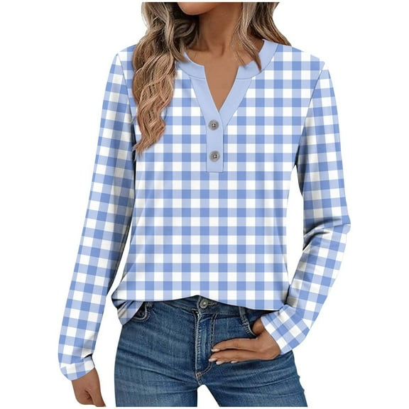 CLOISE Ladies Tops and Blouses Plus Size V Neck Shirt Button Plaid Long Sleeve Pullover Casual Fall Fashion Outfits