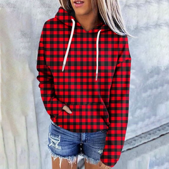 CLOISE Lightweight Hoodie Long Raglan Sleeve Sweatshirts Plaid Pullover Tops Fleece Loose Trendy Fall Outfits Outdoor Red XL