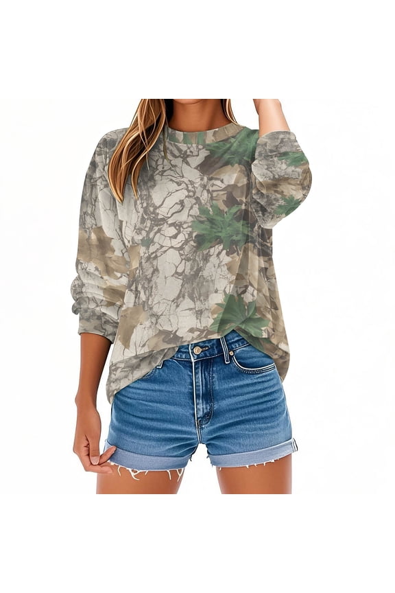 Lightweight Sweatshirts for Women Plus Size Crew Neck Tops Camouflage Long Sleeve Pullover Oversized Clothes