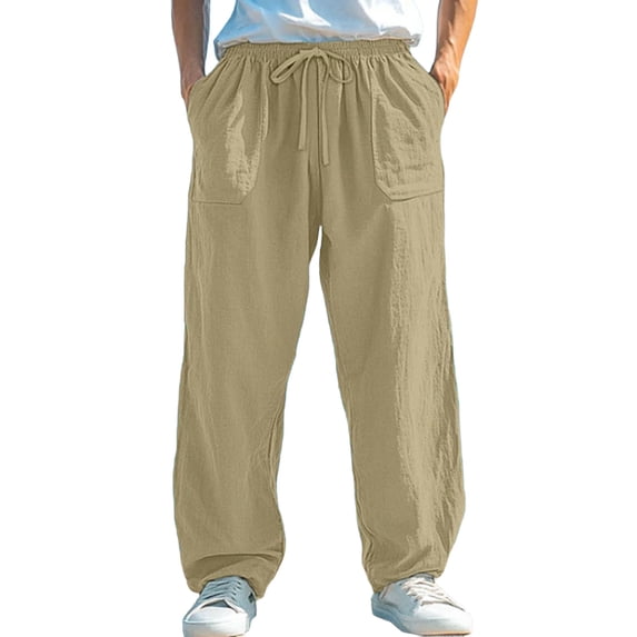 CLOISE Linen Pants for Men Pockets Big and Tall Drawstring High Waist Long Pants Beach Solid Baggy Trousers Elastic Waist Vacation Clothes