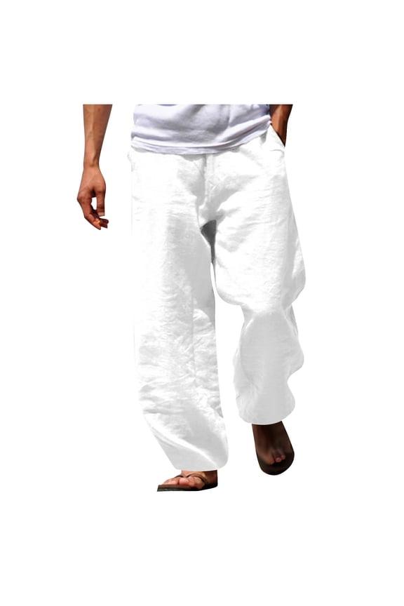 Linen Pants for Men Pockets Big and Tall Drawstring Long Pants Beach Solid Baggy Trousers Vacation Clothes