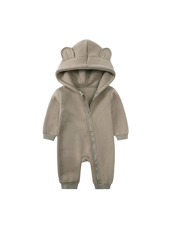 Long Sleeve Bodysuit Boy with Bear Ears Hoodie Cotton Button Long Sleeve Shaped Solid Rompers Gray 0-24 Months