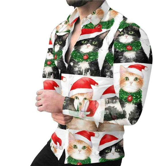 CLOISE Long Sleeve Button up Shirts for Men Christmas Big and Tall Collared Tops Graphic Long Sleeve Pullover Clothes