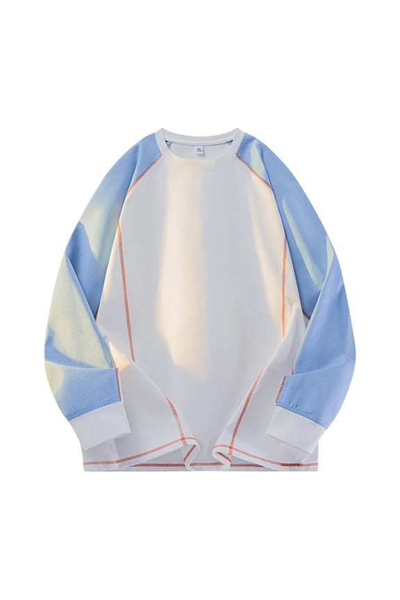 Long Sleeve Shirt Men Big and Tall Crew Neck Tops Color Block Pullover Vacation Clothes White 3XL