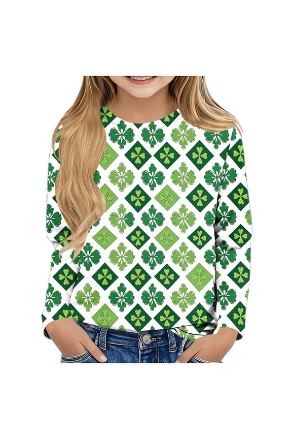 Long Sleeve Tops for Kids Girls Boys St Patricks Day Green Shirts Crewneck Holiday Irish Themed Pullover Plaid Holiday Blouses