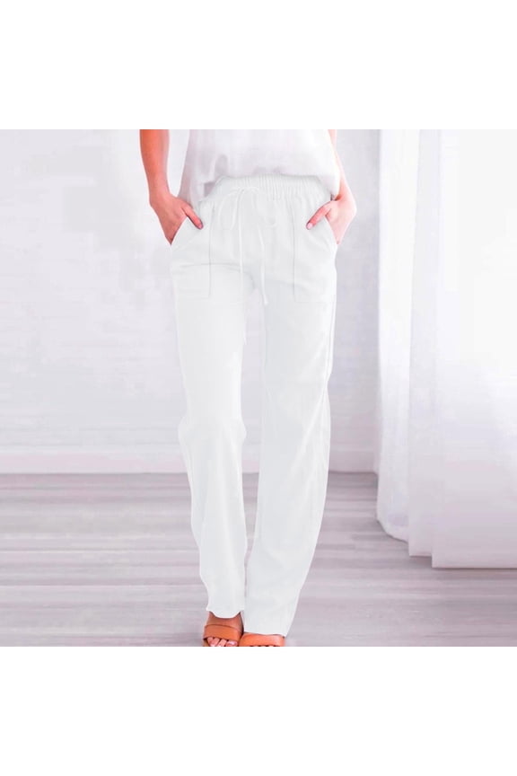 Lounge Pants Women with Pockets Drawstring Elastic Waist Cotton Linen Solid Summer Pants