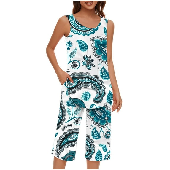 CLOISE Loungewear Sets for Women Two-Piece Casual Tank Top Sleepwear Blouses and Cozy Capri Pants PJ Set Comfy Flower Print Trendy Night Clothes
