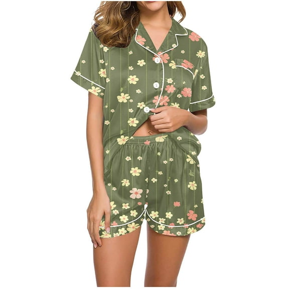 CLOISE Loungewear Sets Womens Two-Piece Cozy Short Sleeve Sleepwear Tops and Comfy Shorts Pjs Sets Comfort Button Up Flower Print Fashion Loungewear