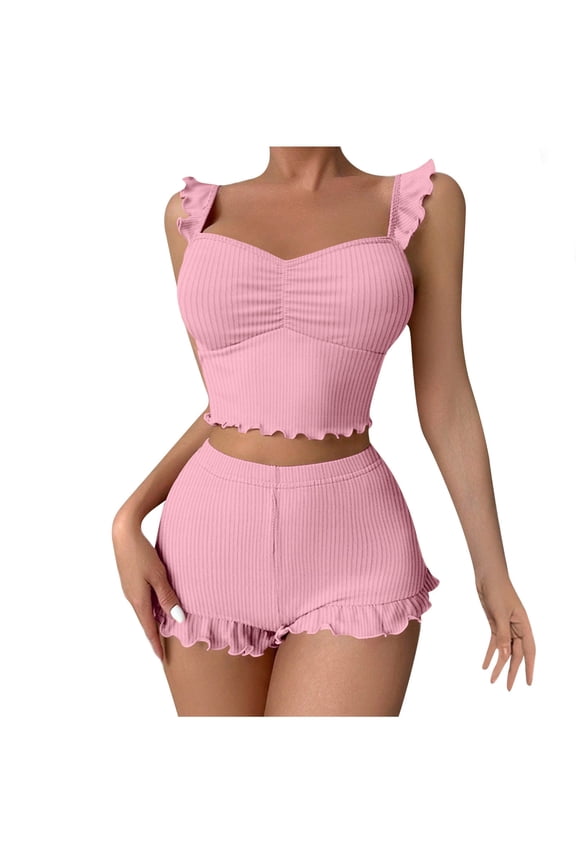 Loungewear Sets for Women Two-Piece Casual Cami Sleepwear Blouses and Cozy Shorts PJ Set Comfy Ruffles Ribbed Solid Classic Pajamas