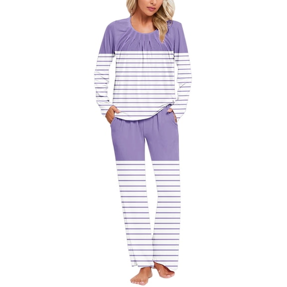 CLOISE Loungewear for Women Set 2 Piece Casual Long Sleeve Sleepwear Blouses and Cozy Lounge Pants with Pockets PJ Set Comfy Color Block Plisse Striped Print Fall Pjs