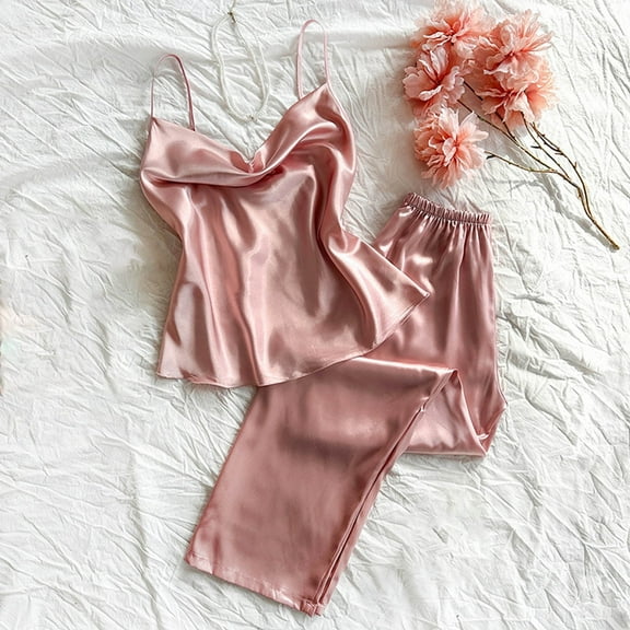 CLOISE Loungewear for Women Set 2 Piece Casual Silk Satin Camisole Sleepwear Blouses and Cozy Lounge Pants PJ Set Comfy Solid Funny Night Clothes