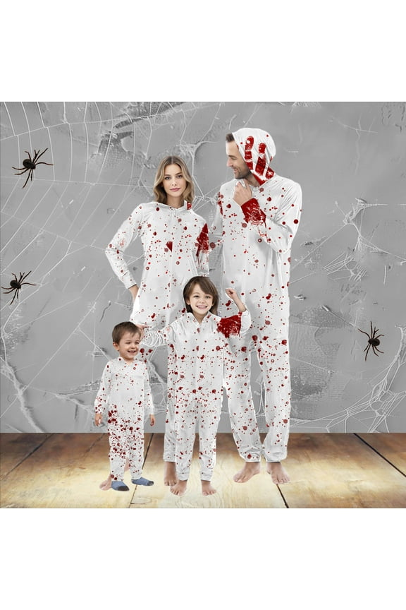 Matching Family Pajamas Halloween Bloodstain One-Piece Halloween Pjs for Women Hooded Zipper Pajamas Comfy Long Sleeve Nightwear Funny Halloween Gifts Winter Festival Outfits White XL