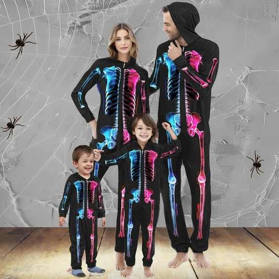 CLOISE Matching Halloween Pajamas for Family Skeleton One-Piece Sleepwear Kids 3T Little Girls Hooded Zip Pajamas Soft Long Sleeve Jumpsuit Funny Halloween Clothes Winter Black
