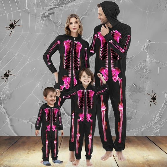 CLOISE Matching Halloween Pajamas for Family Skeleton One-Piece Sleepwear for Men Hooded Full-zip Pajamas Comfortable Long Sleeve Jumpsuit Funny Halloween Clothes Black 2XL