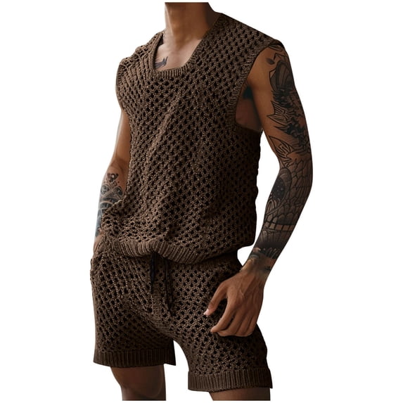 CLOISE Men 2 Piece Outfits Sleeveless Big and Tall Outfits Cut Out Matching Set Tank Tops Shorts Beach Vacation Clothes