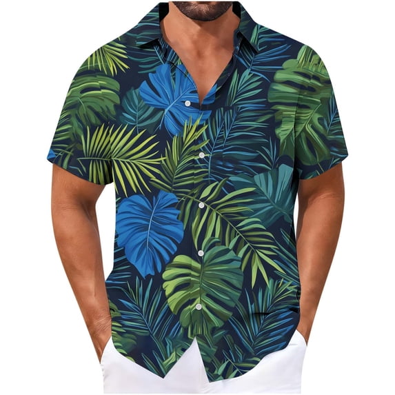 CLOISE Men Button down Shirts Plus Size Hawaiian Short Sleeve Big and Tall Tops Collared Casual Pullover Palm Frond Oversized Beach Wear Multicolor