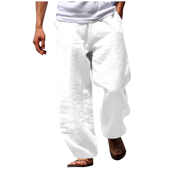 CLOISE Men Linen Pants Beach Pockets Big and Tall Drawstring Long Pants Trousers Solid Baggy Bottoms Vacation Clothes