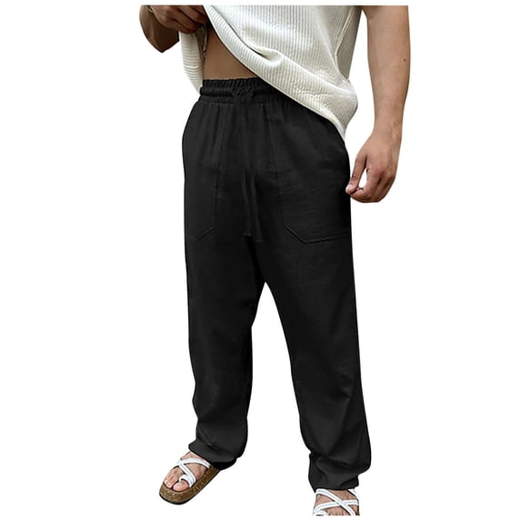 CLOISE Men Linen Pants Trendy Pockets Big and Tall Drawstring High Waist Long Pants Beach Solid Baggy Trousers Elastic Waist Vacation Clothes