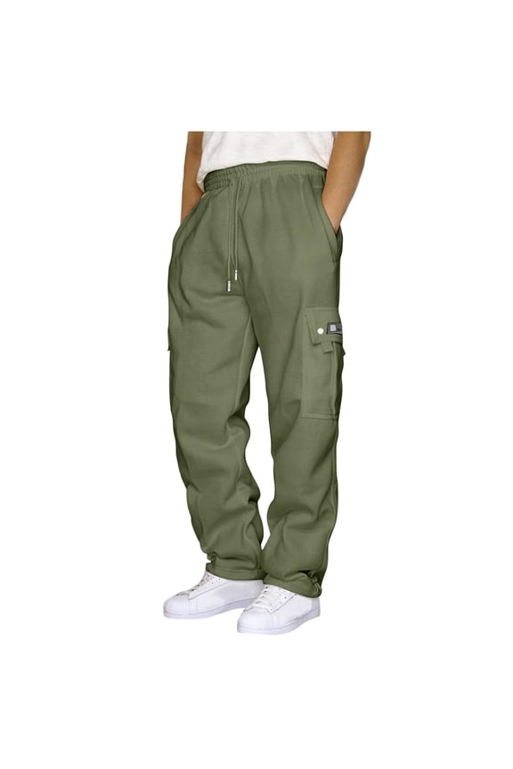 Men Sweatpants Big and Tall Open Bottom Green Active Cargo Pants Baggy Straight Leg Sweatpants Drawstring Elastic Waist Large Trousers Large Heavyweight Solid Sweatpants with Pockets 4XL