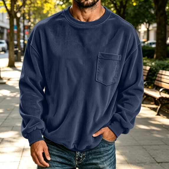 CLOISE Men Sweatshirts Long Sleeve with Pockets Big and Tall Velvet Corduroy Crew Neck Casual Pullover Solid Color Cuffed Sleeve Tops Fall Winter Loose Clothes Navy XL