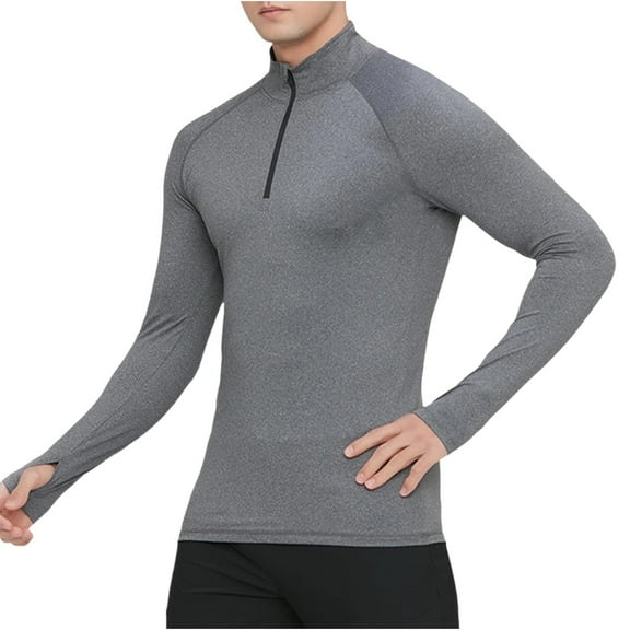 CLOISE Men Tops Trendy Mock Neck Shirt Zip up Solid Color Long Sleeve Pullover Outfits Clothes Gray M