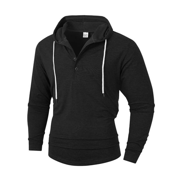 CLOISE Men Tops and Blouses Big and Tall Hooded Shirt Button Solid Color Long Sleeve Pullover Vacation Clothes Black M
