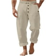 thumbnail image 1 of CLOISE Men's Linen Pants for Summer with Pockets Big and Tall Drawstring Cropped Pants Beach Solid Baggy Trousers Button Vacation Clothes, 1 of 8