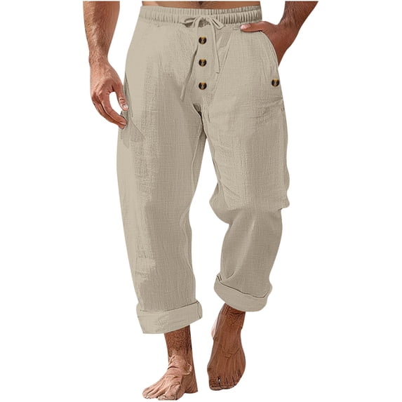 CLOISE Men's Linen Pants for Summer with Pockets Big and Tall Drawstring Cropped Pants Beach Solid Baggy Trousers Button Vacation Clothes