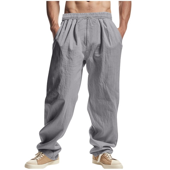 CLOISE Men's Linen Pants for Summer with Pockets Big and Tall Drawstring Long Pants Wide Leg Beach Solid Baggy Trousers Vacation Clothes