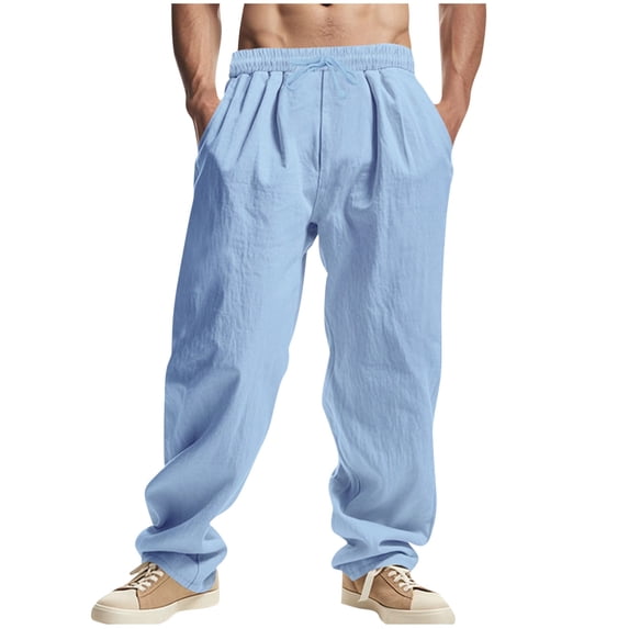CLOISE Men's Linen Pants for Summer with Pockets Big and Tall Drawstring Long Pants Wide Leg Beach Solid Baggy Trousers Vacation Clothes