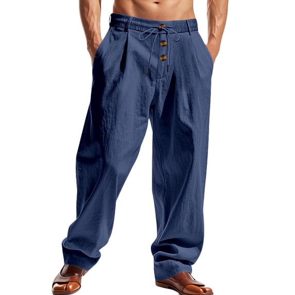 CLOISE Men's Linen Pants for Summer with Pockets Big and Tall Long Pants Wide Leg Beach Solid Baggy Trousers Button Vacation Clothes