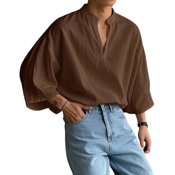 CLOISE Mens 3/4 Sleeve Tops Casual Bell Sleeve Shirts Loose Solid Color V Neck Pullover Fall Clothes Brown L