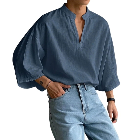 CLOISE Mens 3/4 Sleeve Tops Raglan Sleeve Shirts Loose Solid Color V Neck Pullover Cotton Blend Casual Fall Clothes Dark Blue M