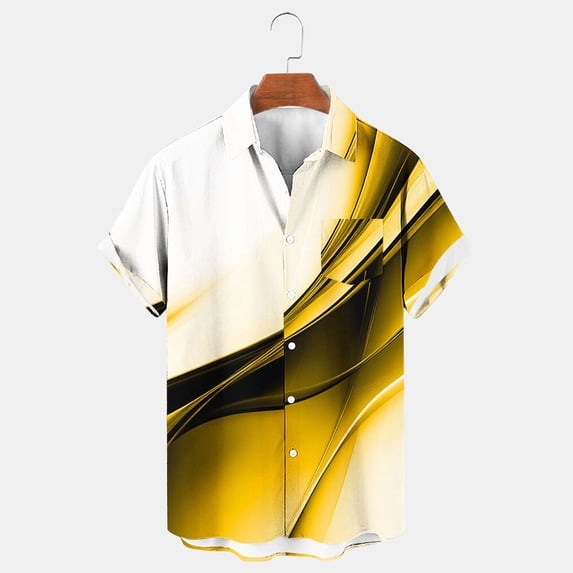 CLOISE Mens Button down Shirt Short Sleeve Big and Tall Tops Collared Casual Pullover Print Oversized Summer Blouses Yellow