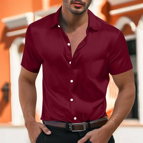 CLOISE Mens Button down Shirts Big and Tall Short Sleeve Tops Collared Casual Pullover Satin Solid Color Summer Blouses Wine