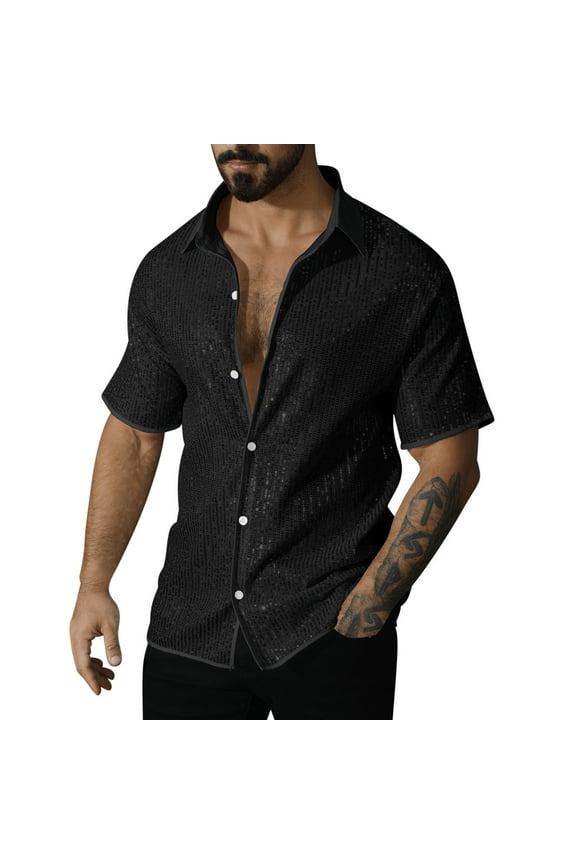 Mens Button down Shirts Casual Short Sleeve Big and Tall Sequin Tops Collared Pullover Solid Color Summer Blouses Black