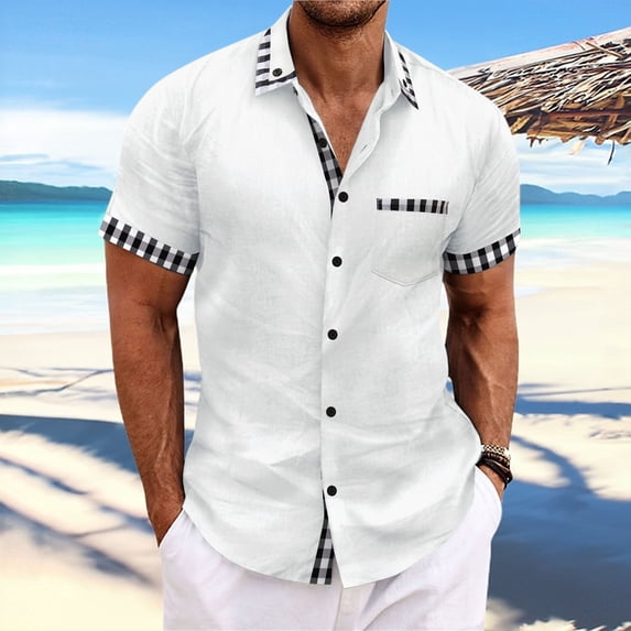 CLOISE Mens Button down Shirts Short Sleeve Big and Tall Tops with Pockets Collared Casual Pullover Linen Solid Color Summer Blouses White