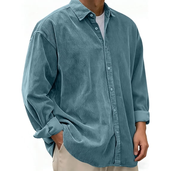 CLOISE Mens Button down Shirts and Blouses Long Sleeve Tops Collared Casual Pullover Solid Color Oversized T Shirts Blue