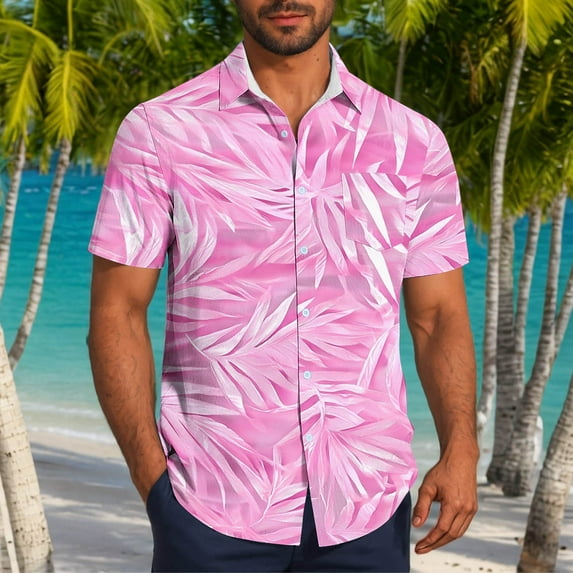 CLOISE Mens Button down Shirts and Blouses Short Sleeve Tops with Pockets Collared Casual Pullover Print Oversized Summer T Shirts Hot Pink