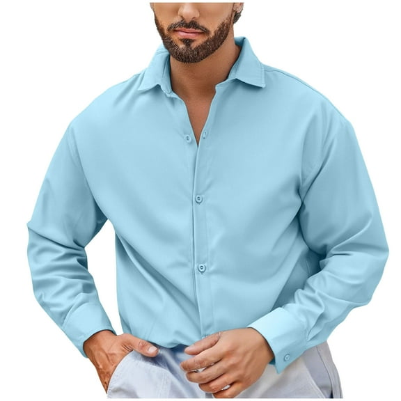 CLOISE Mens Button up Shirts Long Sleeve Big and Tall Collared Tops Solid Color Long Sleeve Pullover Vacation Clothes