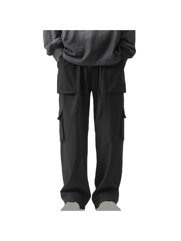 Mens Cargo Pants with Pockets Big and Tall High Waist Trousers Baggy Solid Bottoms Elastic Waist Casual Clothes