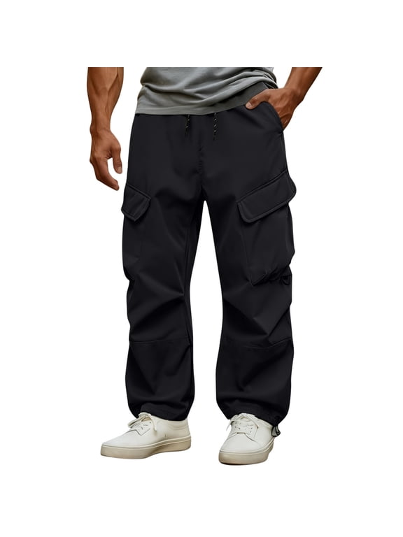 Mens Cargo Pants with Pockets Big and Tall Trousers Straight Leg Baggy Solid Bottoms Waterproof Casual Clothes
