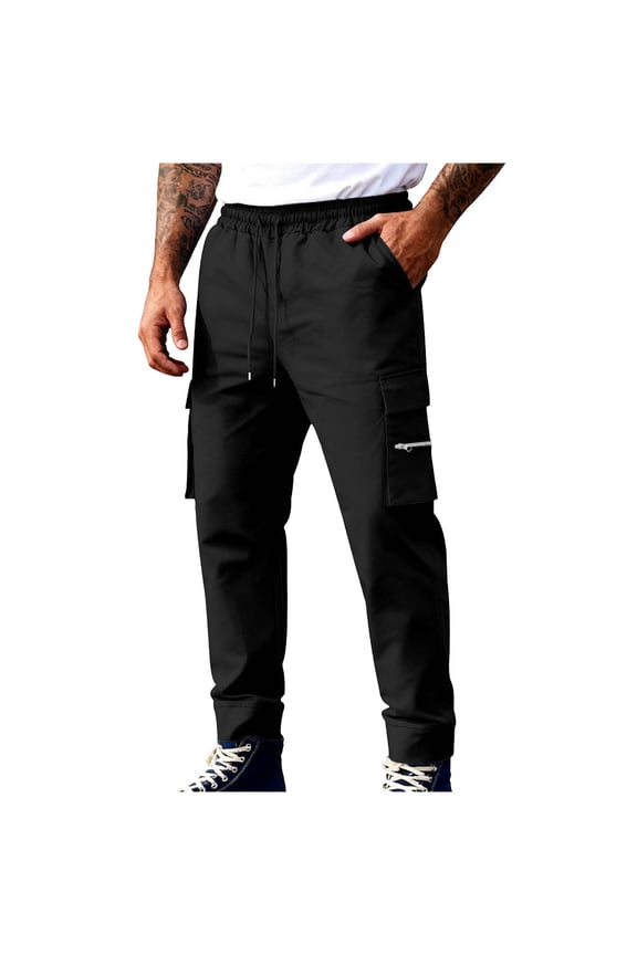 Mens Cargo Pants with Pockets Big and Tall Trousers Zipper Straight Leg Baggy Pants Solid Bottoms Casual Clothes