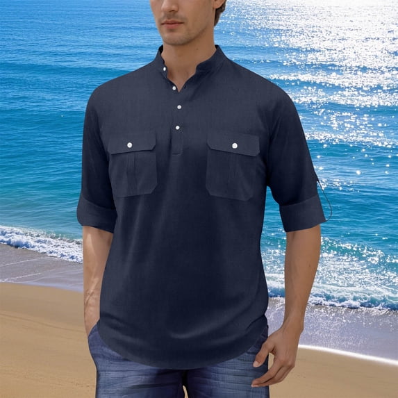 CLOISE Mens Elbow Length T Shirts Elbow Length Big and Tall Tops with Pockets Collared Casual Pullover Solid Color Summer Blouses Dark Blue