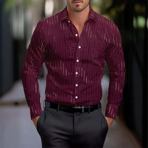 CLOISE Mens Long Sleeve Button down Shirts Big and Tall Blouses Striped Collared Tops Slim Business Fall Clothes for Work Wine M